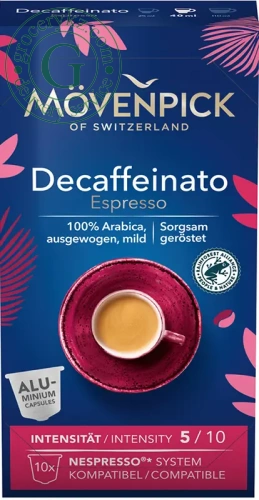 Movenpick Nespresso coffee capsules, decaffeinato, 10 pc