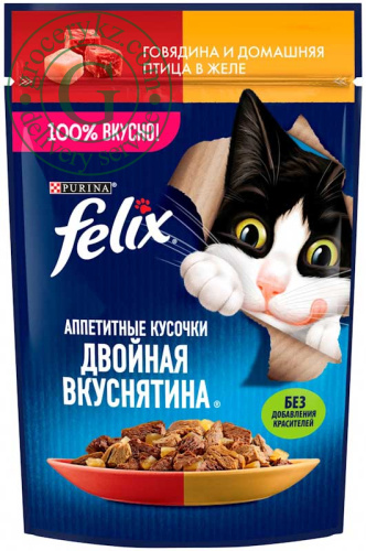 Felix wet cat food, beef and poultry in jelly, 75 g