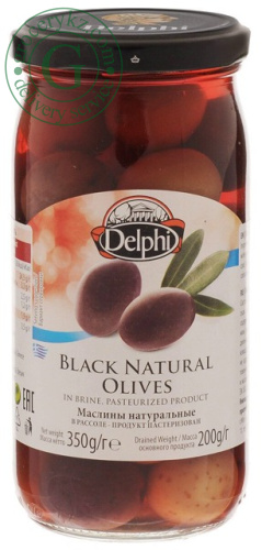 Delphi natural black olives in brine, 350 g