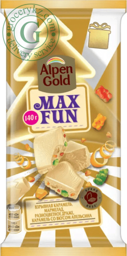 Alpen Gold Max Fun white chocolate, caramel, marmalade and dragee, 140 g Alpen Gold Max Fun white chocolate, caramel, marmalade and dragee, 140 g