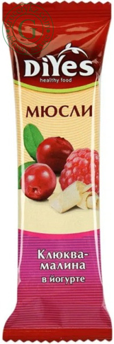 DiYes cereal bar, cranberry and raspberry in yogurt, 25 g