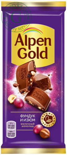 Alpen Gold chocolate with hazelnut and raisins, 85 g