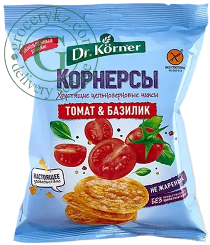 Dr. Korner rice and corn chips, tomatoes and basil, 50 g