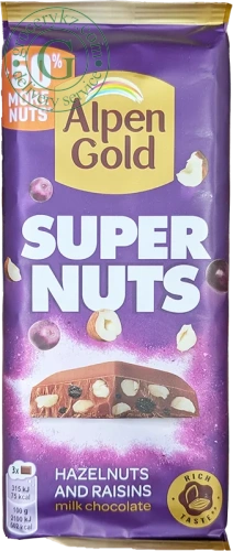 Alpen Gold Super Nuts milk chocolate with hazelnut and raisins, 120 g