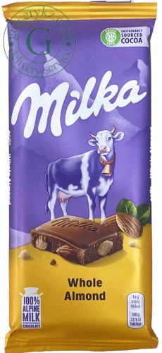 Milka chocolate with whole almonds, 90 g