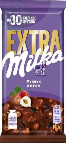 Milka Extra milk chocolate bar, hazelnut and raisins, 140 g